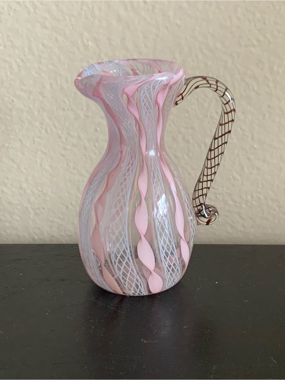 Vintage Murano Latticino Zanfirico Glass Mini Pitcher Ewer Pink White Filigree